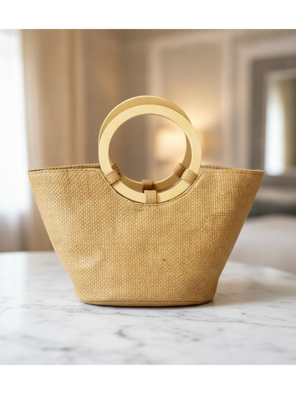 Straw Tote Bag Round Wooden Top Handles Woven Summer Basket Purse GUC